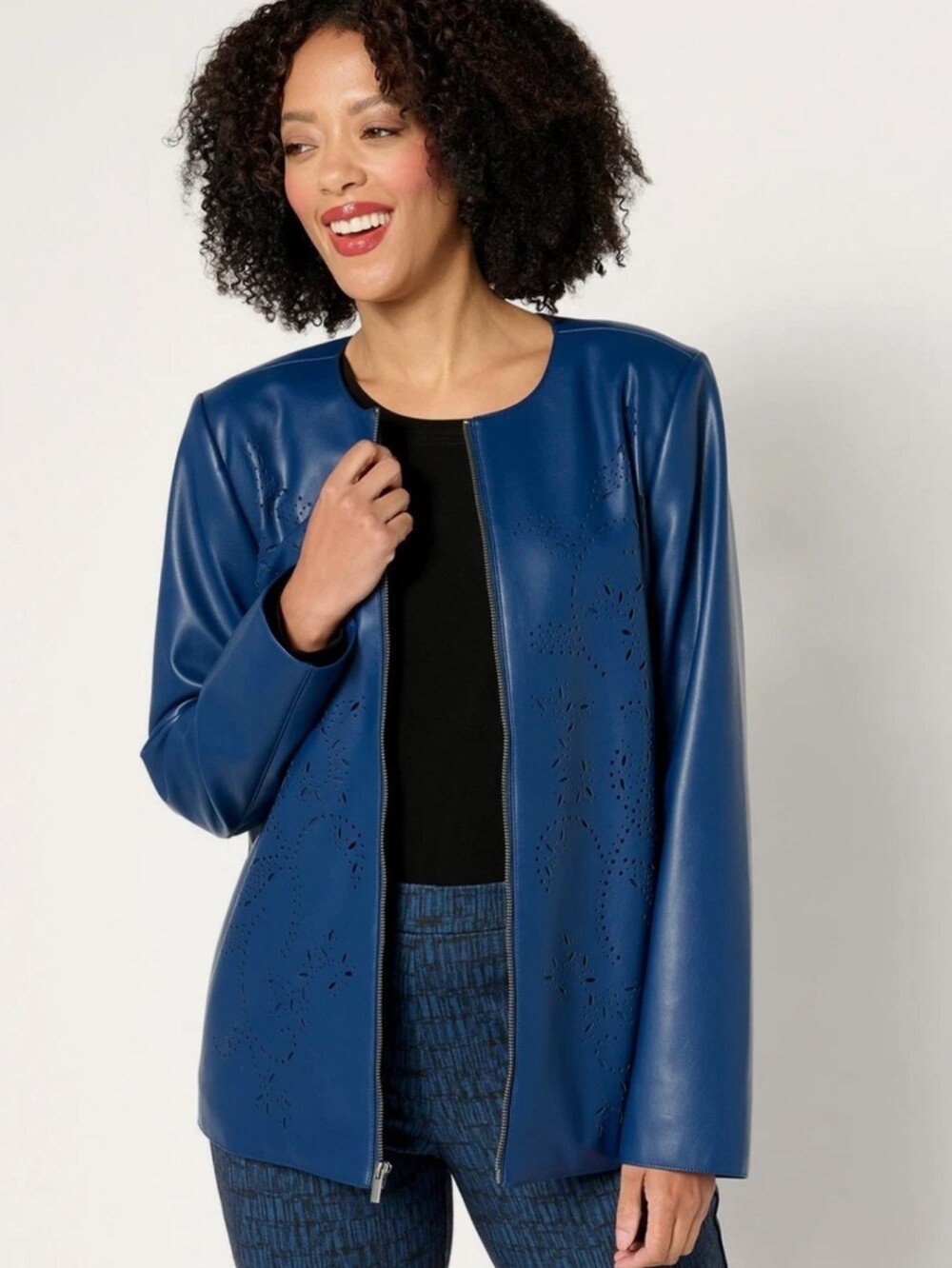 Susan Graver NWOT Blue Faux Leather Jacket Coat, Shoulder Pads, M